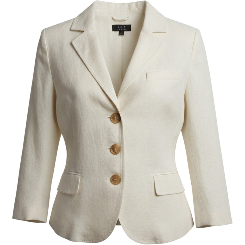 RQT Petite Linen Blend Minimalist Blazer Ivory Ruffle Hem 3/4 Sleeve Jacket PM